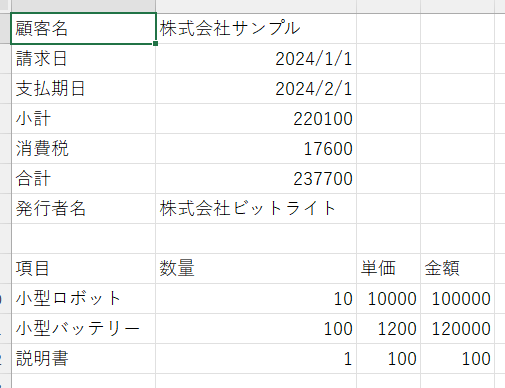 実行結果のExcel画面